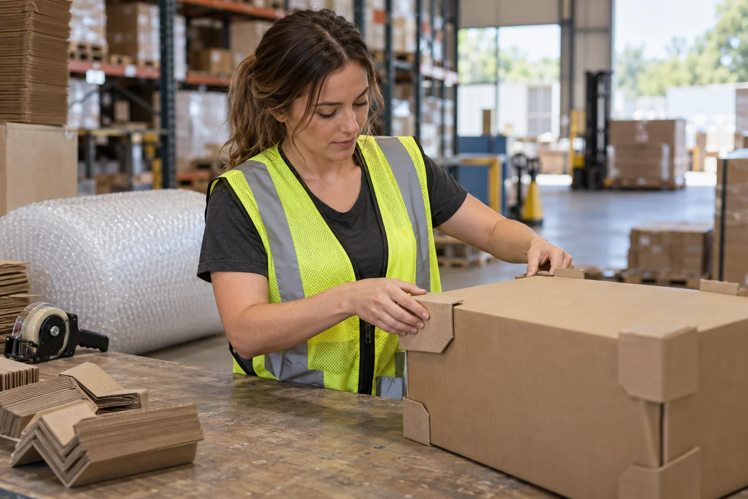 A warehouse employee placing protective packaging around a carton, a representative work scene