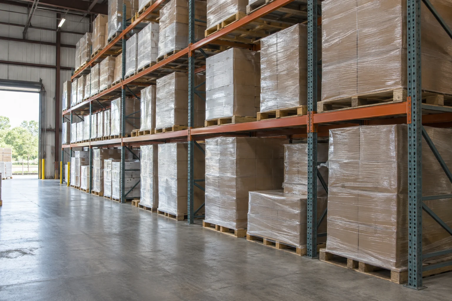 A diagonal view of warehouse racks and palletized goods, an illustrative storage scene